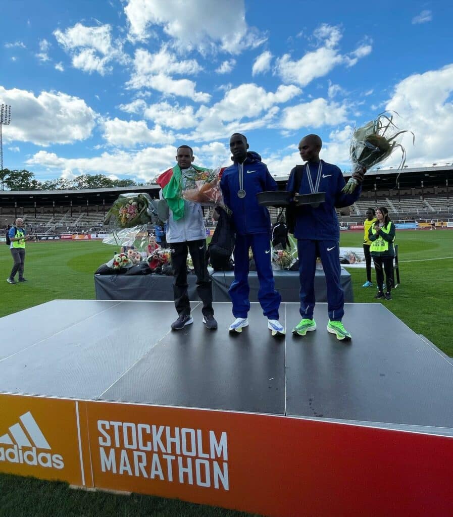 The podium of the men's 2022 Adidas Stockholm Marathon