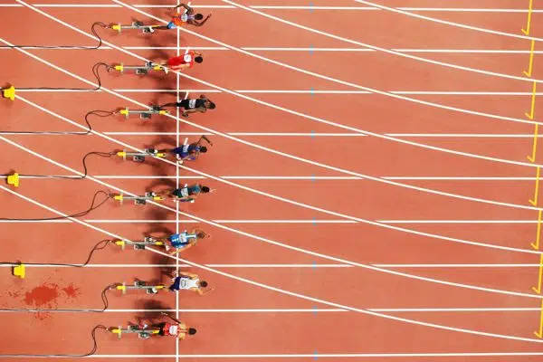 The starting blocks. Photo by World Athletics